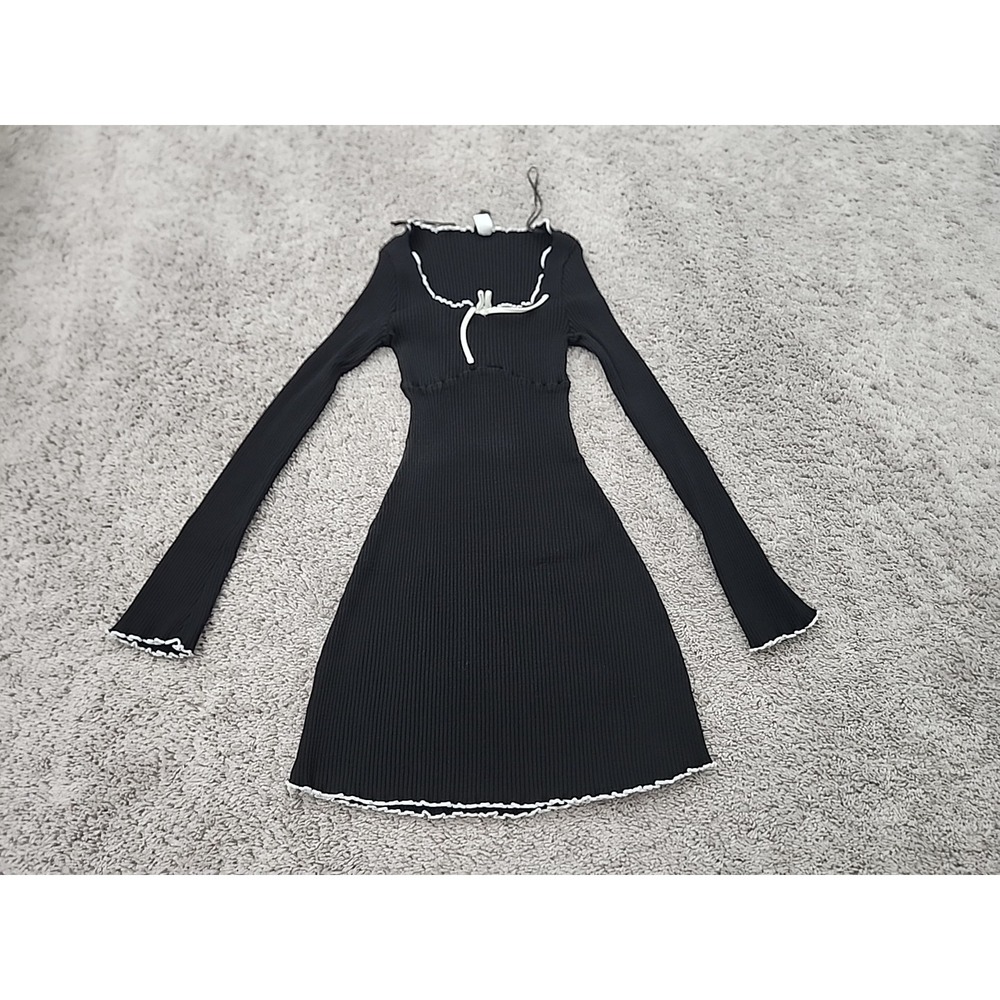 H&M Divided Dress Womens M Black Rib Knit Lettuce Trim Bow Mini Y2K Fit & Flare